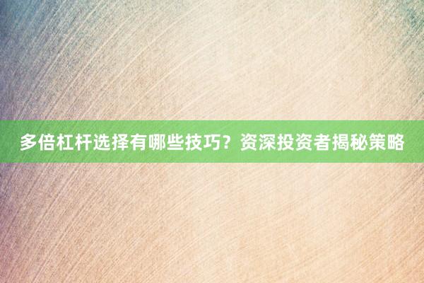 多倍杠杆选择有哪些技巧?资深投资者揭秘策略
