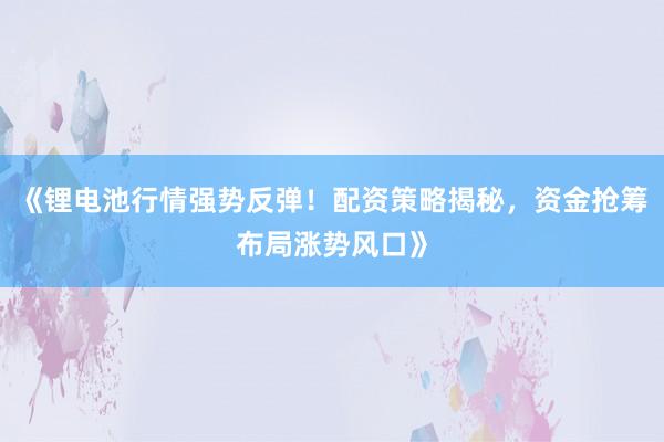 《锂电池行情强势反弹！配资策略揭秘，资金抢筹布局涨势风口》